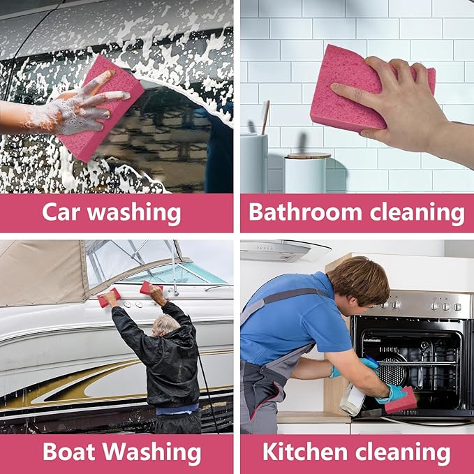 Car Wash Sponges, 3 Pack Extra Thick Large Cleaning Sponge Multi-Purpose for Bathroom Kitchen Bike Boat, Large Size Sponges 4'' X 6'' (Pink)