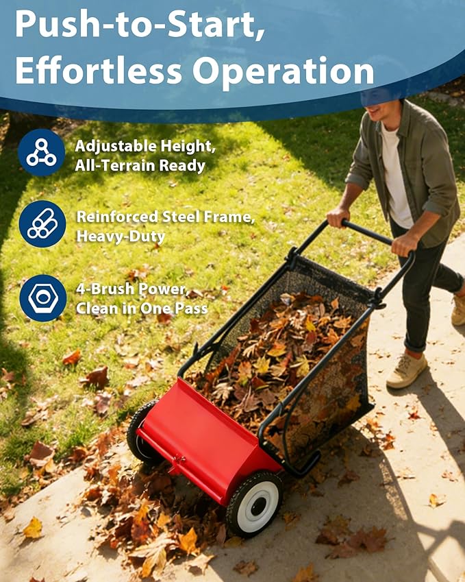 Push Lawn Sweeper,26 in Width Enhanced 4-Brush System, 7 ft Capacity Heavy Duty Steel Frame, Ideal for Yard and Garden Cleanup, Red