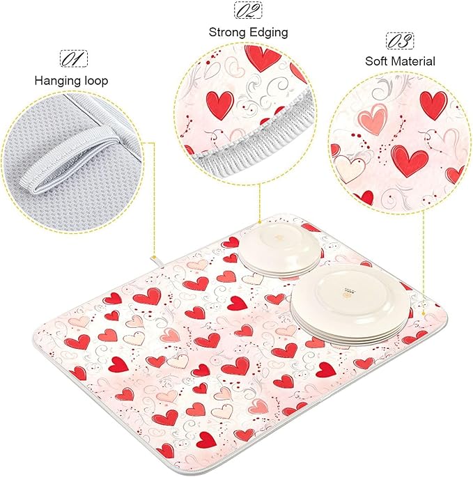 Happy Valentine’s Day Dish Drying Mat for Kitchen Countertop 16x18 Love Heart Red Pink Small Drying Mat Reusable Quick Dry Dish Sink Mats Easy Clean Decorative Essentials