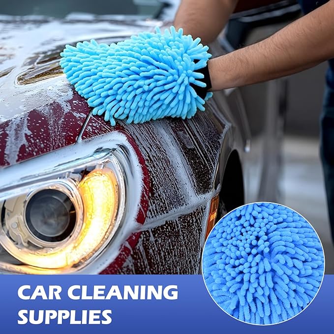 4Pcs Car Wash Mitt Microfiber Gloves Chenille Material Microfiber Towels for Car Washing Supplies Kit Scratch Free Cleaning Gray + Sky Blue