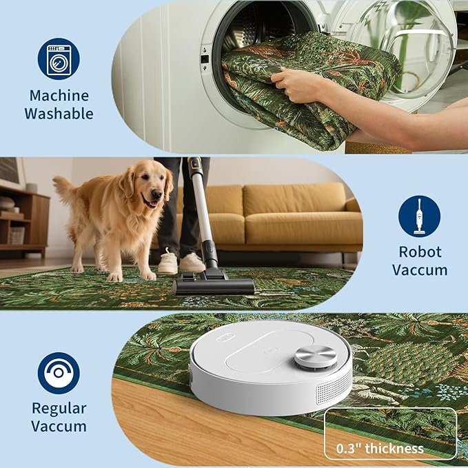 GarveeHome Jungle Round Washable Rugs 6ft Non-Slip Soft Round Rug for Kids Room, Forest Animal Print Tiger Circle Carpet for Bedroom Entryway Playroom Nursery, Dark Green