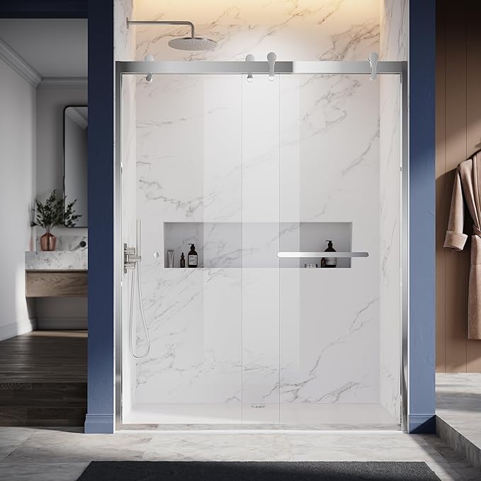 46"-48" W X 76" H Double Sliding Shower Door with Frame - Bright Chrome Hardware, 8mm Tempered Glass, Stainless Steel Hanger Rollers, Easy-Cleaning Coating, Through-Glass Towel Bar & Knob
