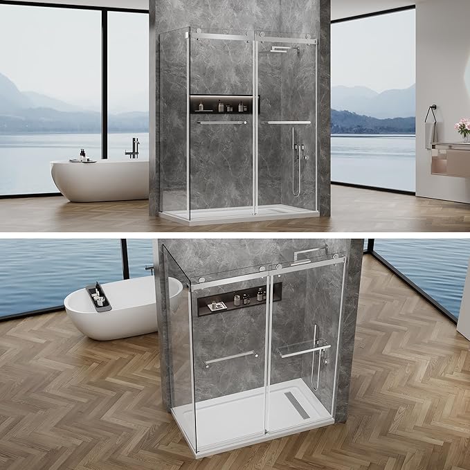 60x76 in Frameless Double Sliding Shower Door with 32x76 in Side Panel, Nano Glass, 304 Stainless Steel in Bright Chrome, L-Shape Design, Reversible Install