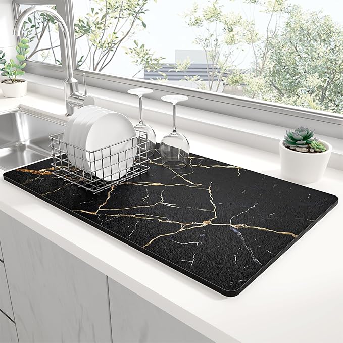 Rnivvi Dish Drying Mat for Kitchen Counter, XL 15 x 24" Cute Marble Absorbent Draining Pad, Non-Slip Heat Resistant Coffee Bar Mats for Coffee Machine Station Accessories, Black Gold Dish Rack Pad