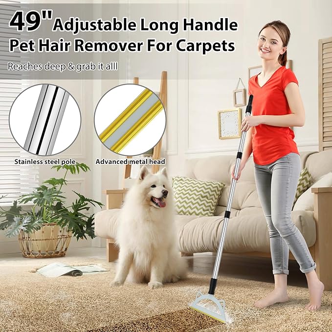 Carpet Rake for Pet Hair Removal, 49” Adjustable Long Handle Pet Hair Removal Tool, Carpet Rake Fur Scraper,Reusable Dog Cat Hair Remover,Broom for Rugs,Mats,Pet Beds,Couch,Furniture