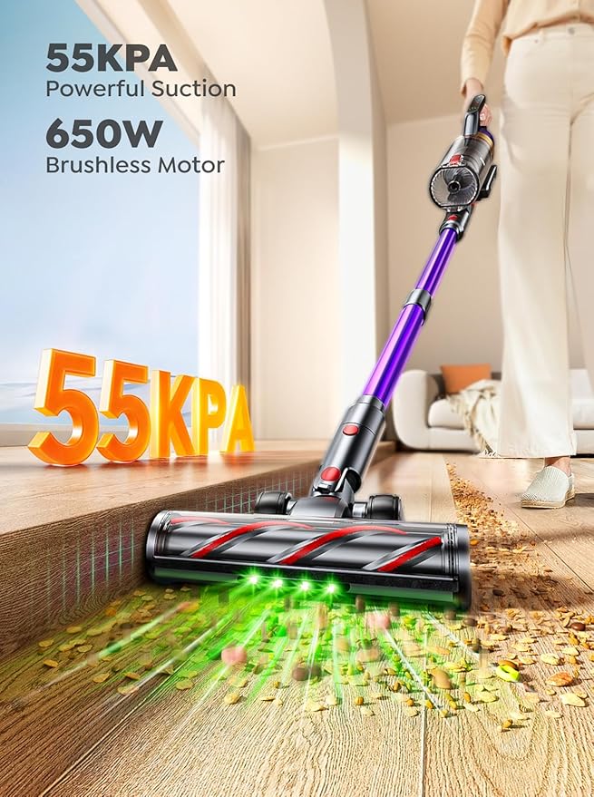 Cordless Vacuum Cleaner, 650W 55KPA 70 Mins Vacuum Cleaners for Home, Anti-Tangle Stick Vacuum with Touch Screen, Wall Mount Charging, Upgraded Vacuum Cordless for Pet Hair/Carpet/Floors