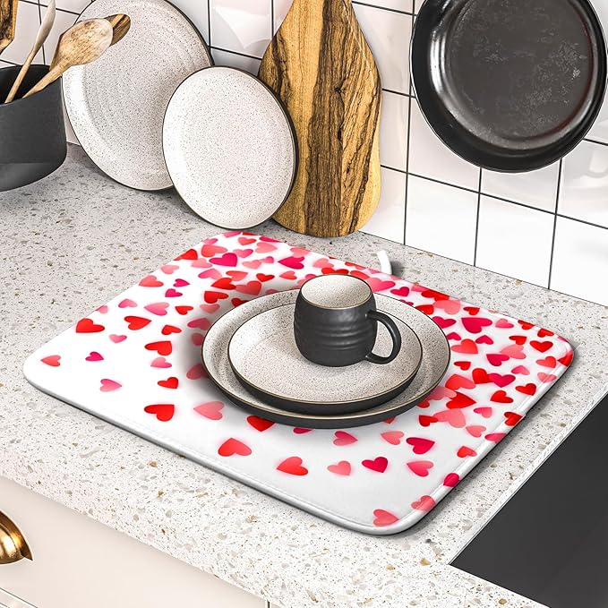Valentines Dish Drying Mat for Kitchen Counter Hearts Holiday Microfiber Absorbent Dish Draining Reusable Washable Foldable 16"x18"