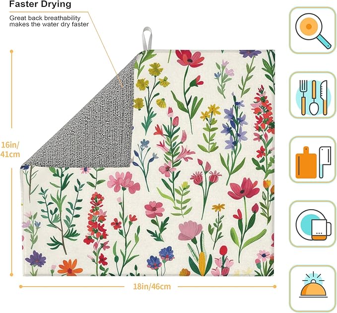Watercolor Wildflower Dish Drying Mat for Kitchen Counter, 16"x18" Microfiber Absorbent Fast Dry Mat, 2Pcs Dish Mat Faucet Mats Sets, Large Drying Kitchen Mat Kitchen Drying Pad Coffee Bar Decor Gifts