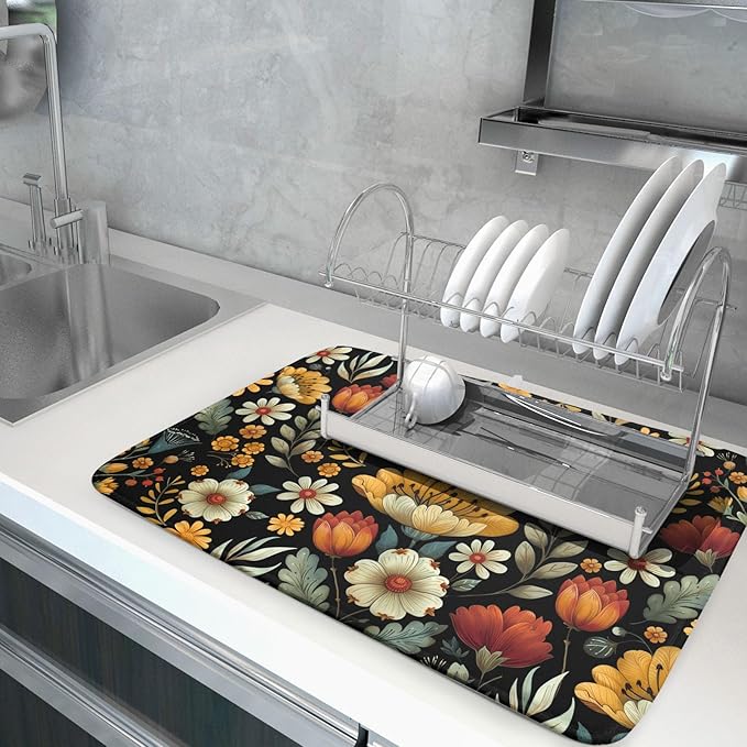 Vintage Boho Floral Dish Drying Mat for Kitchen Counter,Yellow Beige Black Spring Flower Drying Mat 18 x 24 Inch with Absorbent Reversible Microfiber Drying Pad for Coffee Bar