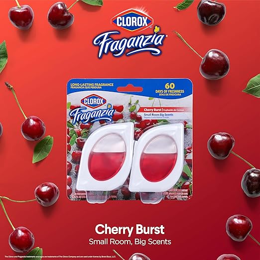 Clorox Fraganzia Small Rooms Air Freshener, Cherry Burst Scent - Peel & Place Air Freshener, No-Plug, Battery-Free for Closets, Laundry Room, Entry Way, Bathroom, Locker, 0.25 Fl Oz Each, 2 Count