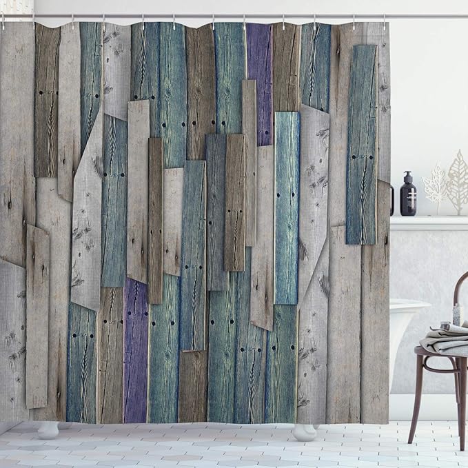 Ambesonne Rustic Shower Curtain, Grunge Wood Planks Barn Farm Log Cabin House Decor Themed, Bathroom Accessories Set with 12 Hooks Cloth Fabric for Master Bathroom, 69" W x 84" L, Umber Pale Teal Plum