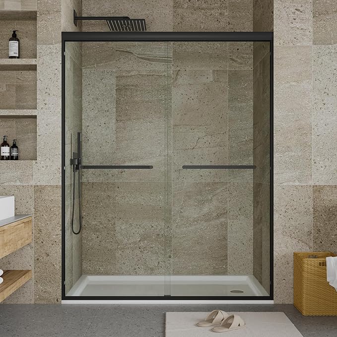 56"-60" W x 72" H Double Sliding Shower Door - Semi-Frameless Bypass Bathroom Door with 1/4" Tempered Glass, Matte Black Finish, for Walk-in Shower & Bathroom