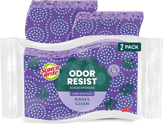 Scotch-Brite Odor Resist Non-Scratch Scrub Sponge, Dishwasher-Safe Kitchen Sponges That Resist Bacterial Odors, Multipurpose Dish Sponges for Gentle Cleaning and Pet Messes, 2 Dish Sponges