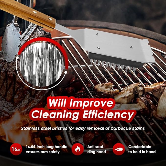 2Pcs Grill Cleaning Brush Set Ergonomic BBQ Brush and Scraper with Wooden Extended Handle Barbecue Cleaning Tool for Barbecue Grill