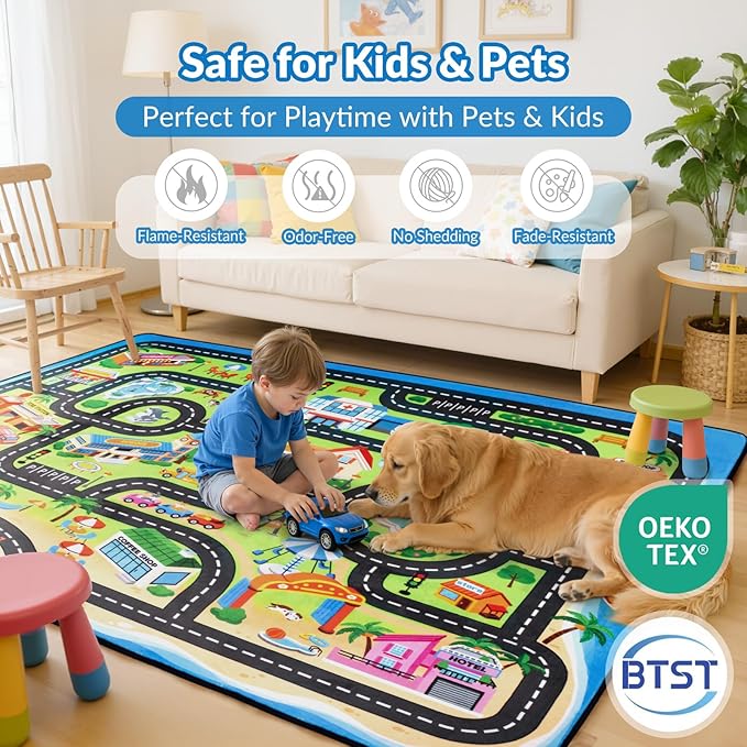 Kids Rug, 4x6 FT Island City Car Rug Play Mat with Realistic Roads and Tracks, Non-Slip, Stain Resistant, Machine Washable, Interactive City Road Carpet for Kids Room, Playroom & Nursery