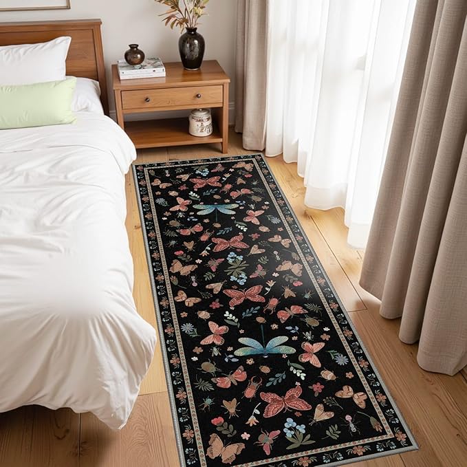 2x6 Floral Runner Rug, Washable Runners for Hallways, Black Vintage Boho Kitchen Rugs, Non Slip Hallway Runner Carpet for Indoor Hallway, Kitchen, Laundry Room and Bathroom(Black 2x6ft)