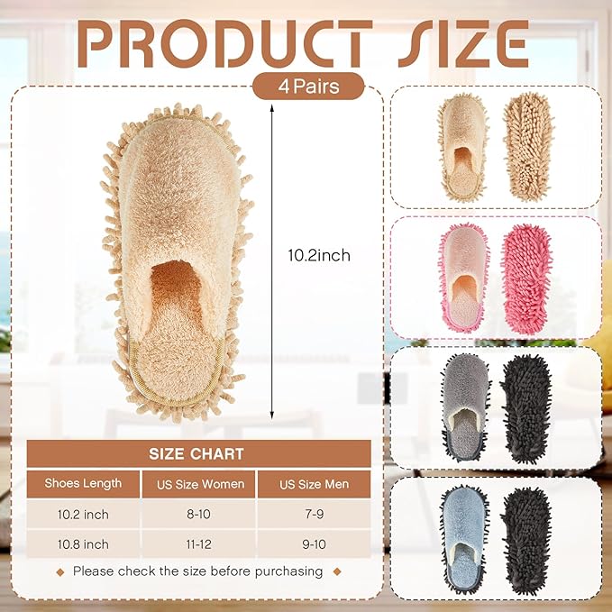 Gerrii 4 Pair Microfiber Cleaning Mop Slippers - Detachable Washable House Mop Slippers for Men and Women, Ideal for Kitchen Floor Dust Cleaning, Includes Blue, Gray, Pink, Beige(Large)