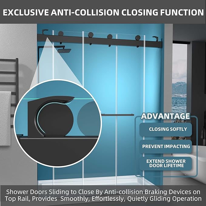 GETPRO Shower Door Frameless 57-60" W x 79" H Double Sliding Bathroom Shower Doors 3/8 Inch Clear Tempered Glass Door for Walk-in Shower with Soft Close and Width Adjustable Matte Black