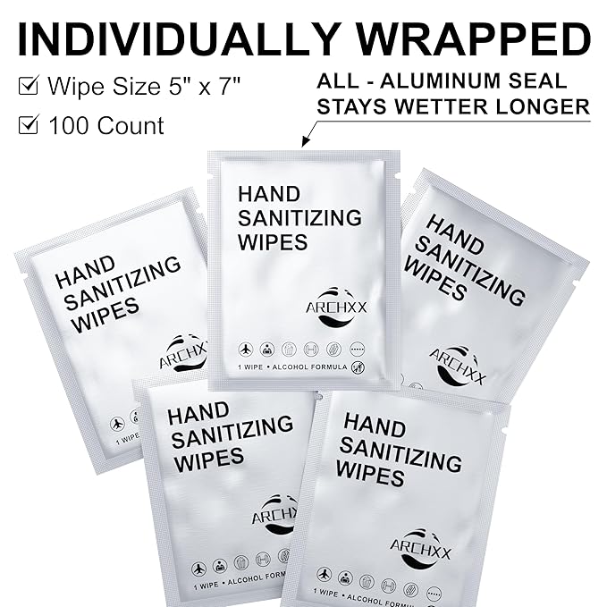 ARCHXX Cotton-Like Softness Hand Sanitizer Wipes, 100 Count, Antibacterial Hand Wipes Individually Wrapped, 70% Alcohol, Travel Size, Sanitizing for Home, Office & Outdoor, Aloe Vera Scent