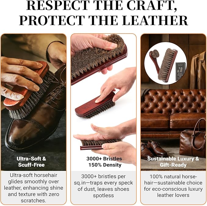 3PCS 100% Horse Hair Shoe Brush Set for Leather Boots Horsehair Brush for Polishing Cleaning Buffing Professional Shoe Shine Kit for Men Suede Boot Care Conditioner Accessories Tool