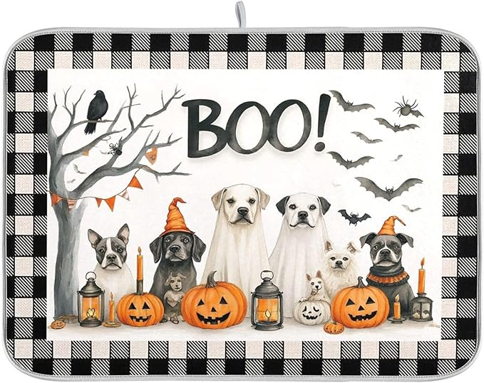 Halloween Dogs Dish Drying Mat for Kitchen Countertop 18x24 Raven Bat Pumpkin Black Buffalo Plaid Large Drying Mat Reusable Quick Dry Dish Sink Mats Easy Clean Decorative Essentials