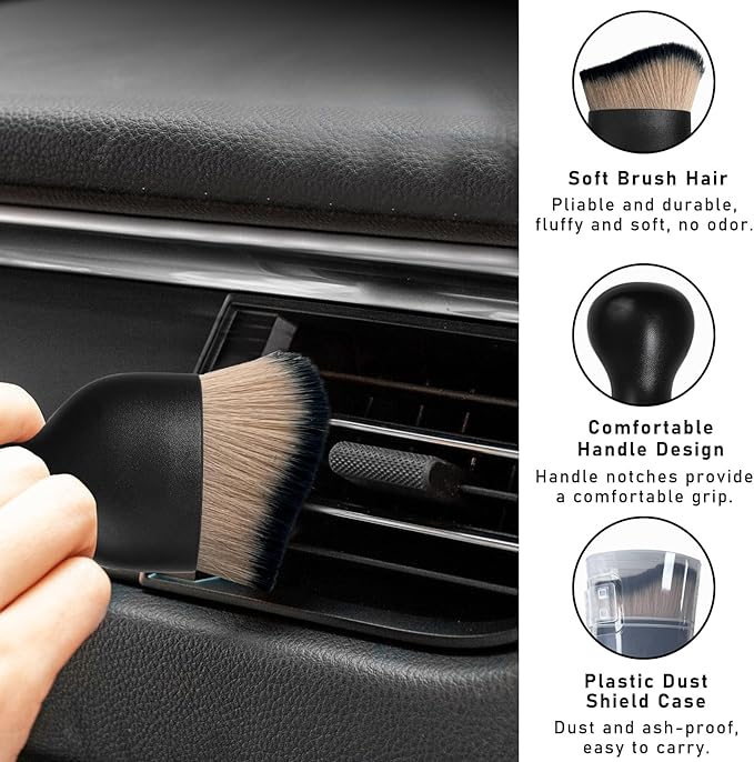 2PCS Car Interior Dust Brush, Soft Scratch Free Auto Detailing Brushes, Universal Vehicle Interior Cleaning Tool for Automotive Dashboard, Air Vents, Leather (Brown & Black)