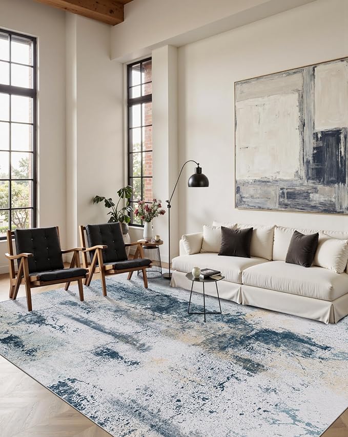 5x7 Area Rugs for Living Room, Bedroom,Modern Abstract Washable Rug, Boho Non Slip Low Pile Carpet for Indoor Dining Room,Office, Dorm, Farmhouse and Kids Room - Blue