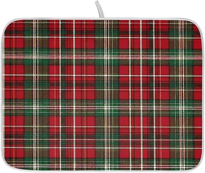 Christmas Red Green Buffalo Checkered Dish Drying Mat for Kitchen Counter Absorbent Microfiber Small Drying Pad Dish Mats for Kitchen Countertops 16 x 18 Inch