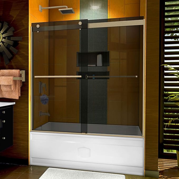DreamLine Sapphire 56-60 inch W x 60 inch H Semi-Frameless Bypass Tub Door in Matte Black and Smoke Gray Glass
