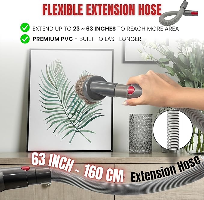 For Dyson Horsehair Vacuum Brush & Extension Hose – Compatible with Dyson V7 V8 V10 V11 V15 Gen5 – Soft Bristle Dusting Brush for Blinds, Furniture, & Delicate Surfaces – Quick Release Attachment