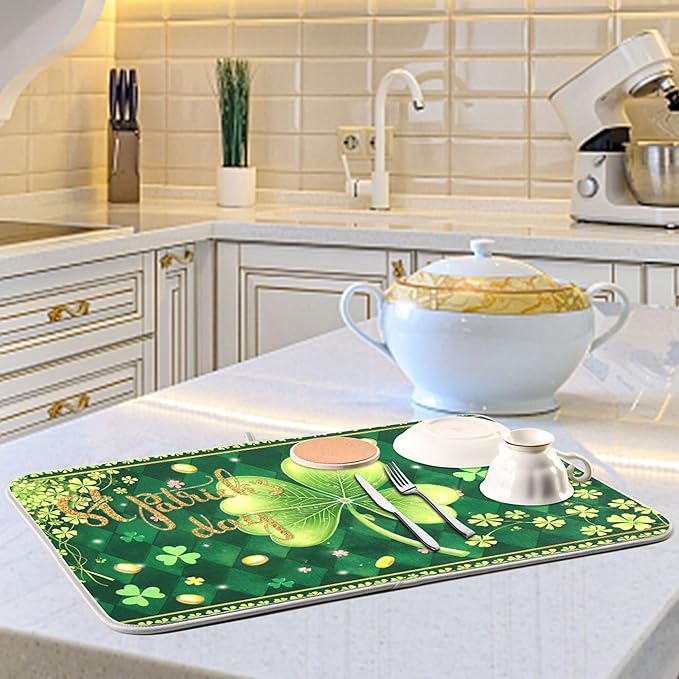 St Patrick's Day Clovers Green Dish Drying Mat 18x24 for Kitchen Lucky Shamrock Leaves Golden Coins Dishes Pad Dish Drainer Rack Mats Absorbent Fast Dry Kitchen Accessories