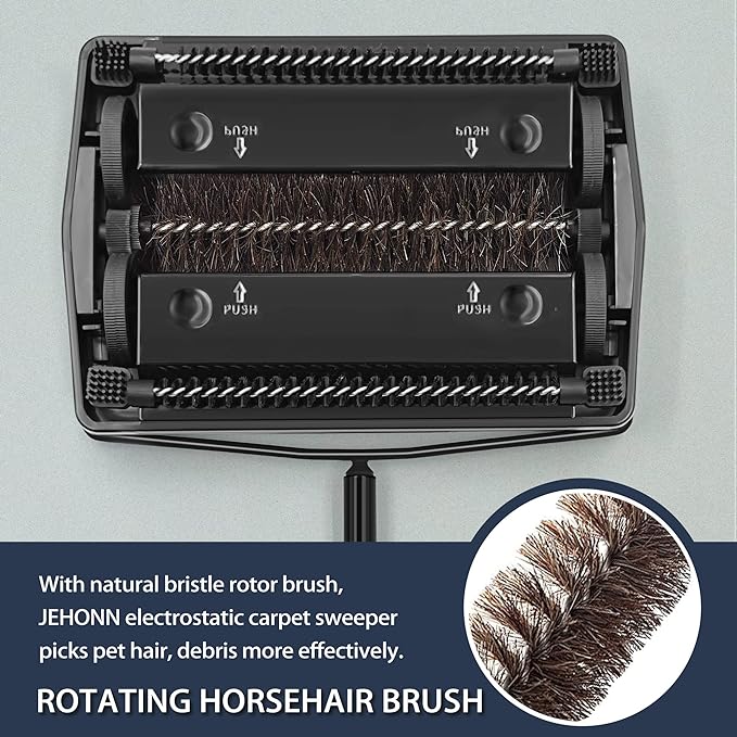 JEHONN Carpet Floor Sweeper Manual with Horsehair, Non Electric Quite Rug Roller Brush Push for Cleaning Pet Hair