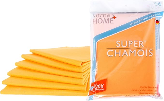 Super Chamois - Extra Large 20" X 27" Super Absorbent Cleaning Cloth - 6 Pack Orange Shammy - Holds 10x It's Weight in Liquid