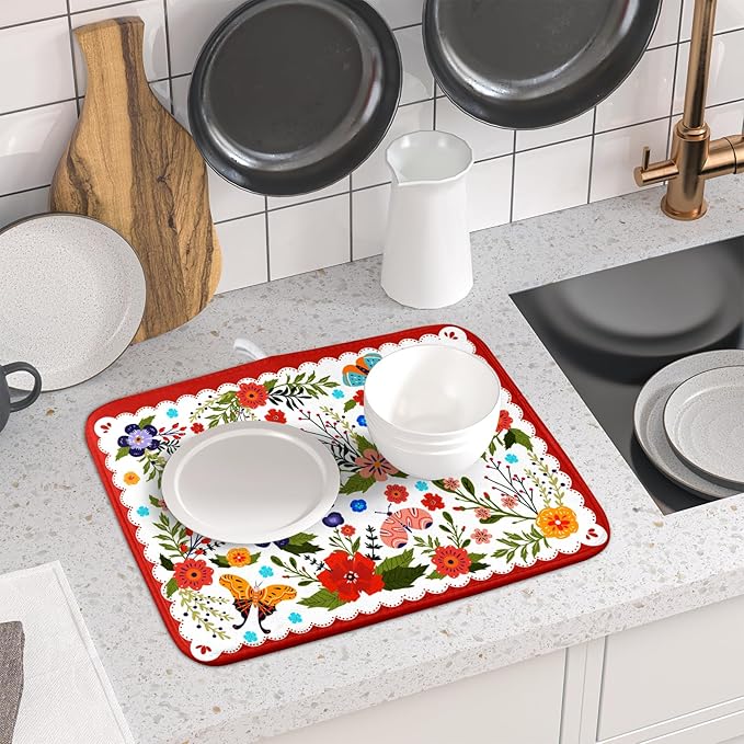 Flowers Printed Dish Drying Mat Floral Coffee Mat for Kitchen Counter Small