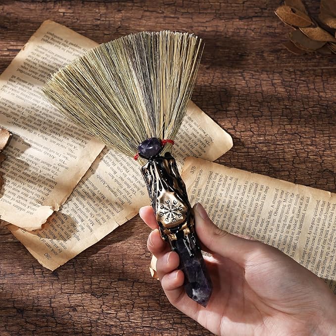 Witchcraft Supplies Witches Broom - Wiccan Decor Raven Altar Supplies with Purple Lepidolite Natural Healing Crystals Hexagonal Points Pagan Decor Reiki Energy Clearing Crafts
