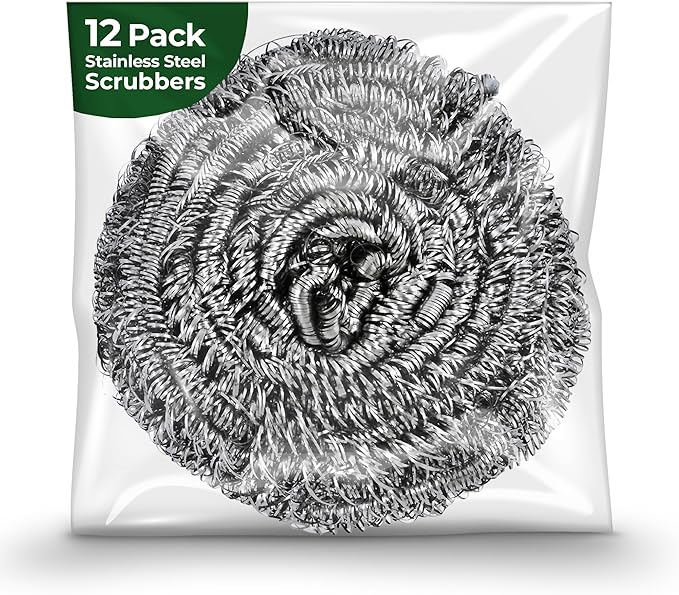 Stainless Steel Scrubber (12 Pack) Stainless Steel Wool Scrubber Sponge for Cleaning Dishes, Cast Iron Pots and Pans, Grills and Appliances, Heavy Duty Stainless Steel Scouring Pad for Tough Residue