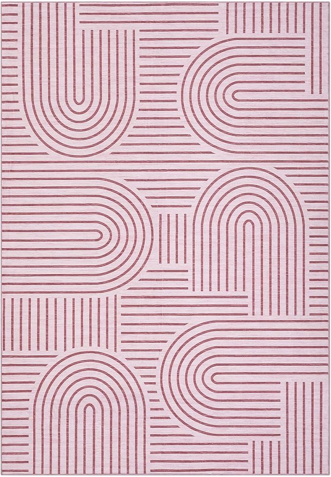 Washable Rug 8x10 Area Rugs for Living Room, Abstract Rug for Bedroom, Soft Rainbow Non Slip Throw Rugs with Rubber Back, Low Pile Stain Resistant Boho Geometric Carpet for Dining Room, Pink