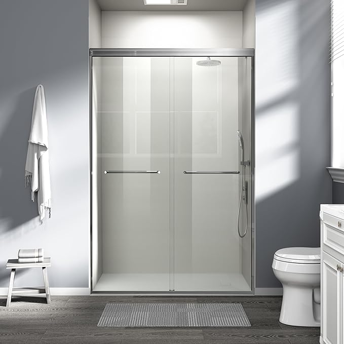 44-48 in. W x 72 in. H Double Sliding Shower Door, Semi-Frameless Bypass Bathroom Sliding Door with 1/4" (6mm) Tempered Glass for Walk-in Shower, Brushed Nickel