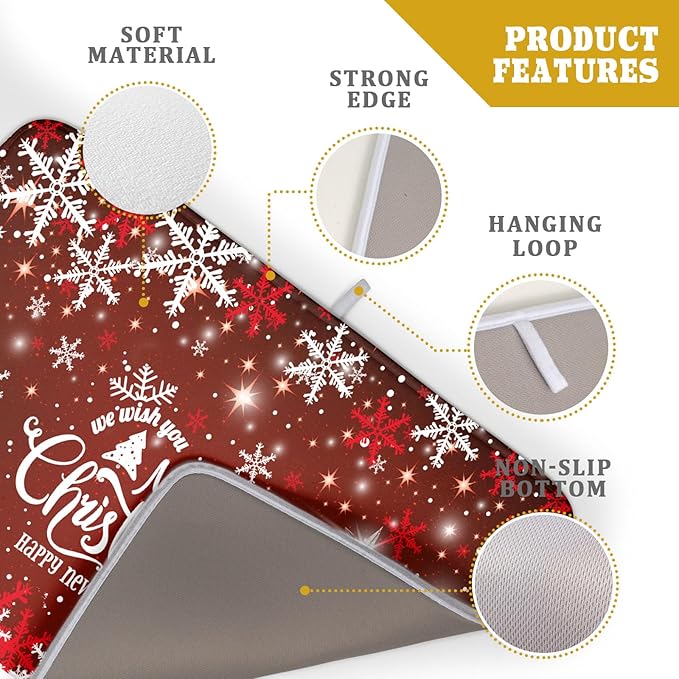 Happy New Year Red Dish Drying Mat for Kitchen Counter,Merry Christmas Tree Snowflake Drying Mat 18 x 24 Inch with High Absorbent Reversible Microfiber Dish Drying Pad Drainer Mat for Coffee Bar
