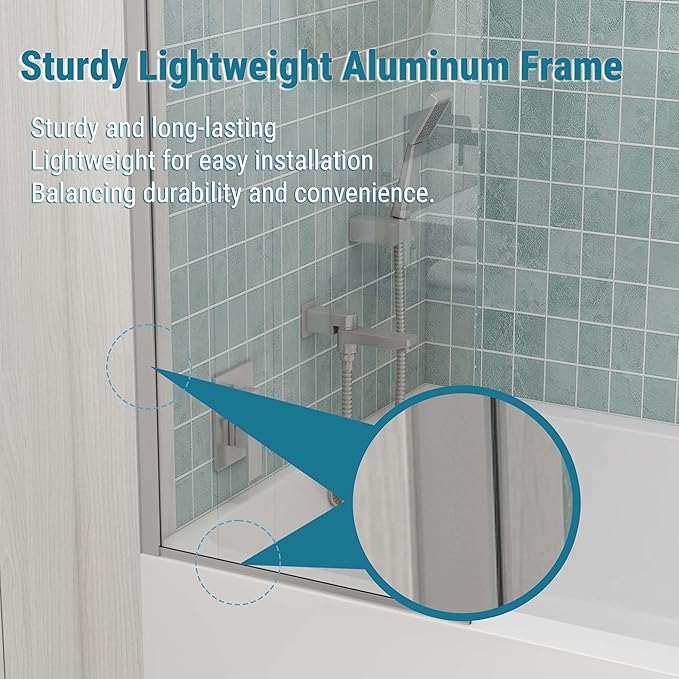 Sunrosa 24"×60" Bathtub Glass Panel,8mm Thick Shower Screen,Brushed Nickel Semi-Frameless Bathroom Shower Door, Easy to Clean