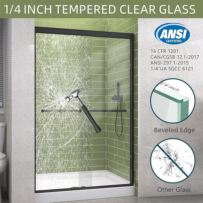 GETPRO Shower Door Double Sliding 62-66 in. W x 72 in. H Semi-Frameless Bypasss Bathroom Glass Shower Sliding Doors 1/4 inch Clear Tempered Glass Door for Walk-in Shower Matte Black