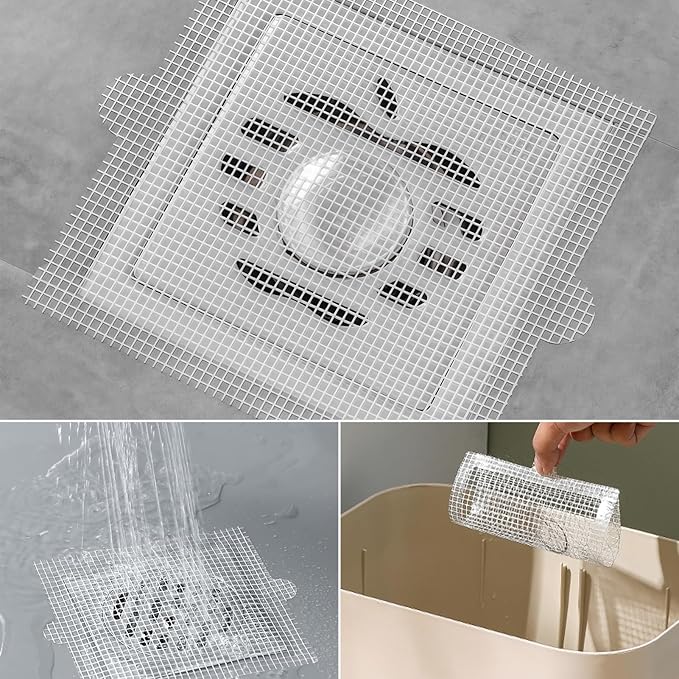 30PCS Disposable Shower Drain Hair Catcher, 4.13Inches Square Mesh Stickers, Hair Trap for Shower Drain, Adhesive Hair Stopper for Bathroom Tub Kitchen Sink, Glass Fiber Drain Filter