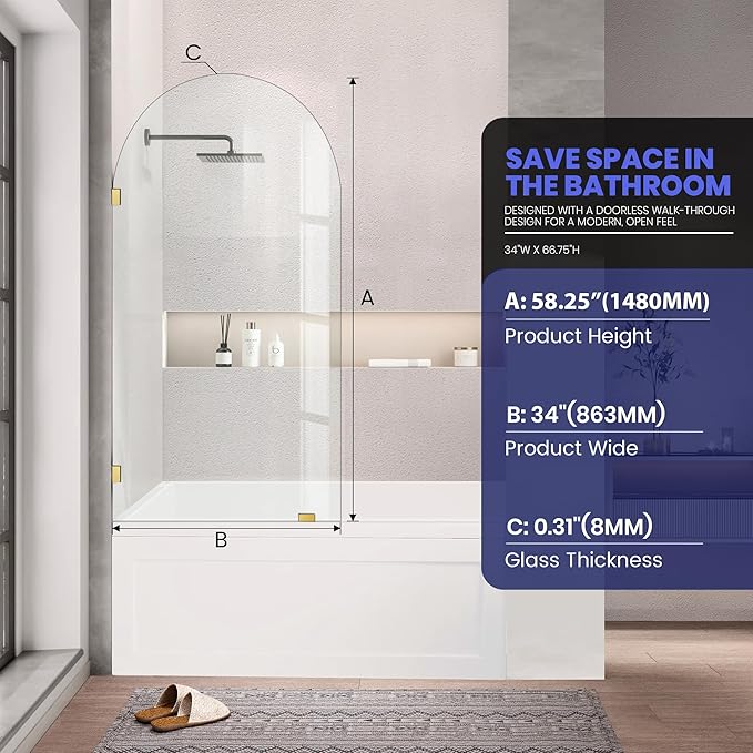 34" W X 58.25" H Tub Shower Door, Frameless Bathtub Glass Shower Door with Clamps, 5/16"(8mm) Clear Tempered Glass Bathroom Shower Screen Single Fixed Bath Panel in Brushed Gold