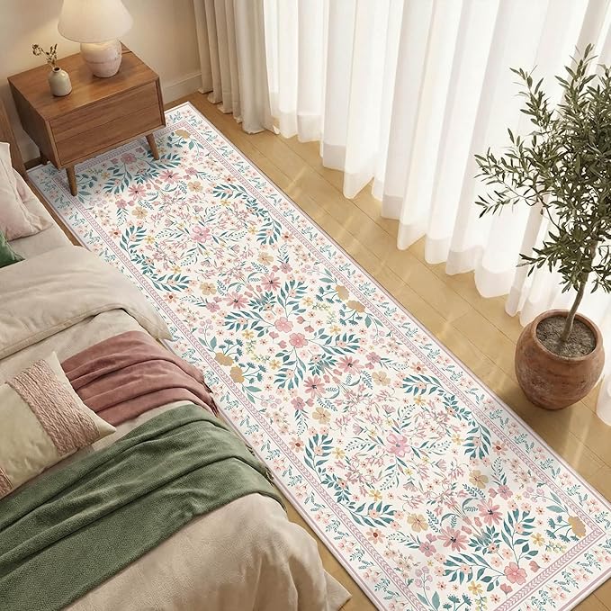 2'6" x 8' Floral Runner Rug, Washable Runners for Hallways, Pink Vintage Boho Kitchen Rugs, Non Slip Hallway Runner Carpet for Indoor Hallway, Kitchen, Laundry Room and Bathroom