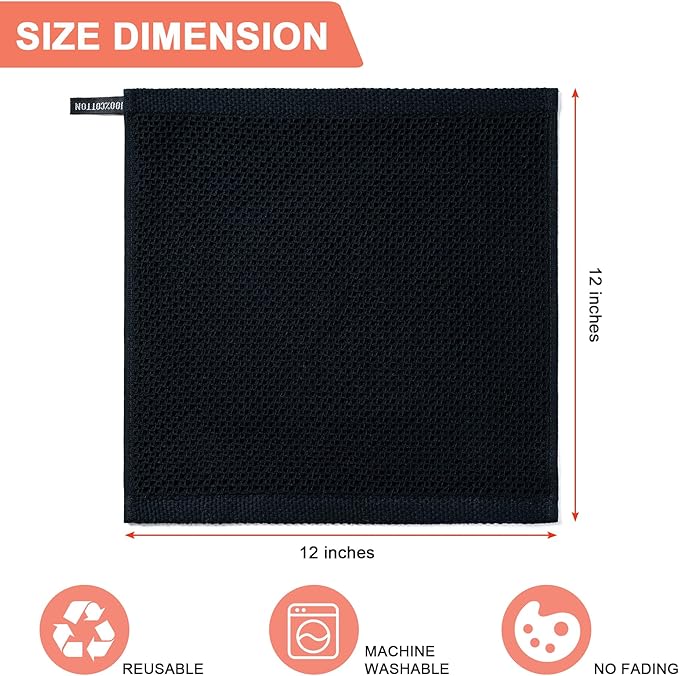 BOOMIBOO 8-Pack Kitchen Dish Cloths, 100% Cotton Waffle Weave, Ultra Soft Absorbent, Quick Drying Dish Towels, 12x12 Inches, Black