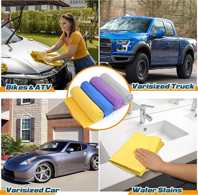 Premium Shammy Towel for Car, Super Absorbent 2 Pack 26""x17"" Car Drying Towel, Reusable Soft Car Wash Cloth, Chamois Cloth for Car, Dust Remove, No Scratch/Spot/Streak, Blue & Purple