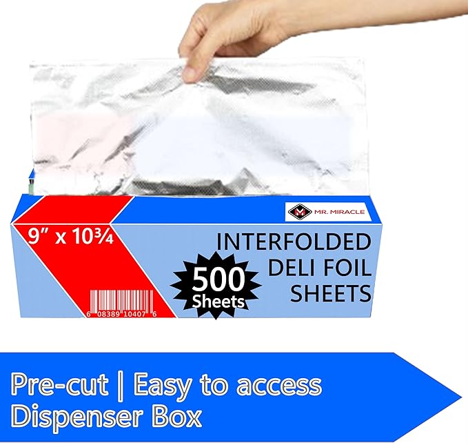 Box of 500 - Pre-Cut 9" Aluminum Foil Sheets - 9x10" Wide & Heat-Tolerant Deli Foil Sheets, 100% Aluminum, Ideal for Food Wrapping, Grilling & Freezing, Convenient Dispenser