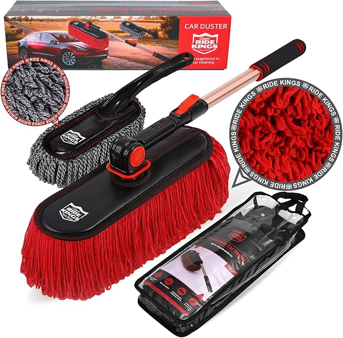 Car Duster Exterior Scratch Free,Car Dust Brush with Extendable Telescoping Handle to Remove Dust Pollen,Duster for Car,Truck,RV and Motorcycle,Large Auto Mop Duster Head, Wax Cotton Hair