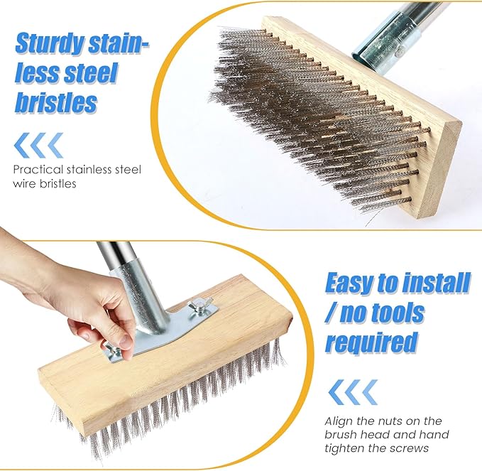 2 Pack Stainless Steel Floor Scrub Brush with 4 Section Detachable Pole, 65” Deck Stain Brush with Long Handle, Push Broom Outdoor Heavy Duty for Concrete Floor Patio Garden Garage Swimming Pool