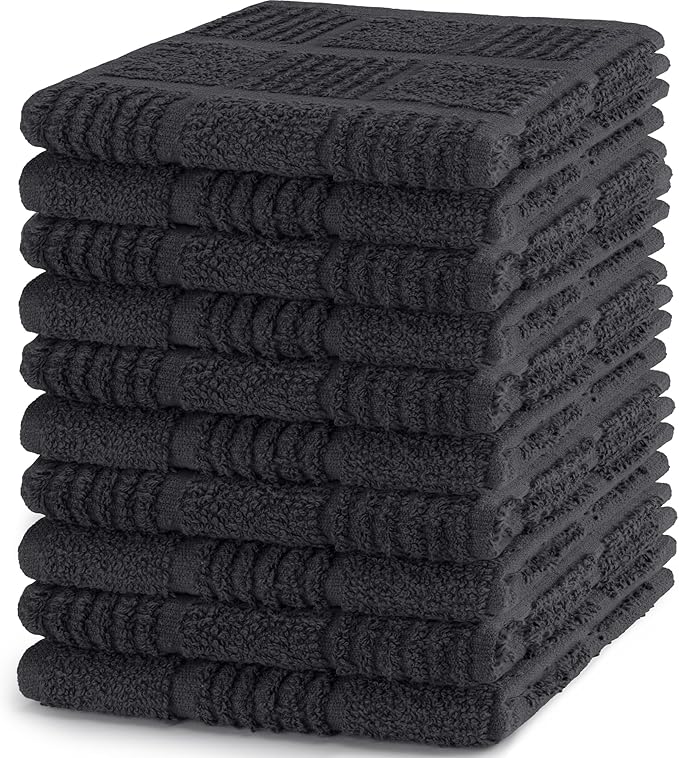 DecorRack 10 Pack 100% Cotton Kitchen Towels, 12x12 inch Soft Terry Dishcloths, Absorbent Hand Towels for Cleaning, Drying & Dishes, Plaid Pattern Cleaning Rags, Gray (Pack of 10)